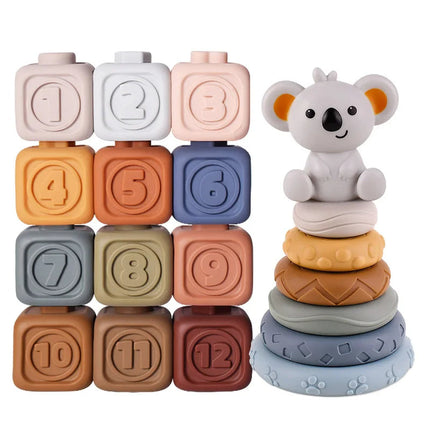 Koala Cubes | Educatief Stapel- en Bijtspeelgoed | Siliconen voor Baby's | Sansestimulatie en Motorische Ontwikkeling | Geschikt voor 0-12 Maanden | Veilig en BPA-vrij | Meerkleurig Sensory Speelgoed
