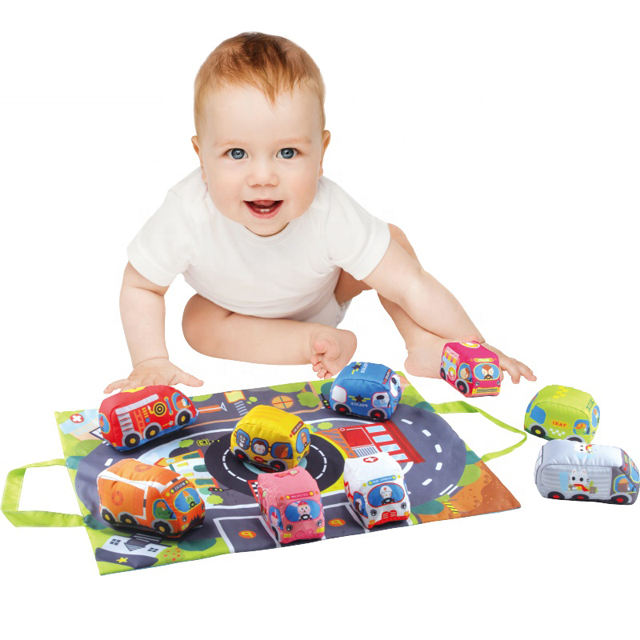 Blauwe Speelgoedauto's Kinderen | Zachte Auto's Baby's | Inclusief Speeltapijt 9 Stuks Set