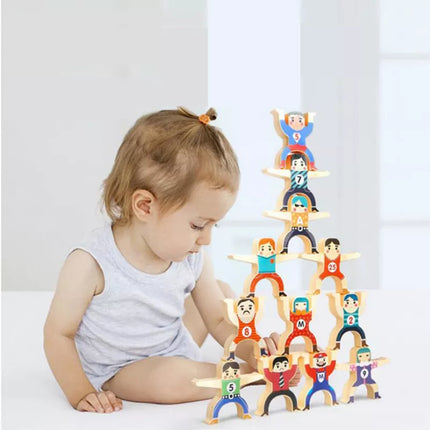 Woodn™ Stapelacrobaten | Educatief Spel | Ontwikkelt Creativiteit en Probleemoplossend Vermogen | Kinderspeelgoed | Trælook ABS-plast | Inclusief 16 Figuren en Ballen | Hand-oog Coördinatie en Motoriek