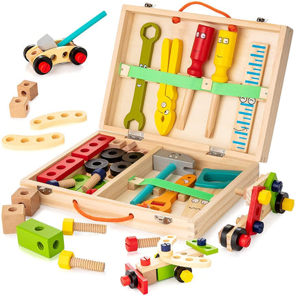 Houten Gereedschapskist voor Kinderen | Duurzaam en Veilige Speelgoedset | Creativiteit en Leren | Spelenderwijs Ontwikkelen | Milieuvriendelijk Materiaal | Inclusief Opbergkist met Handvat