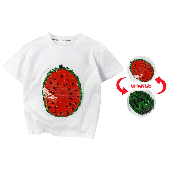 Vrolijke Kleding | Kinder T-shirt met Watermeloen Pailletten | Zomerse Blouse Kinderkleding | Comfortabel | Meerdere Maten | Kleurrijk Design | Perfect voor Speelplezier