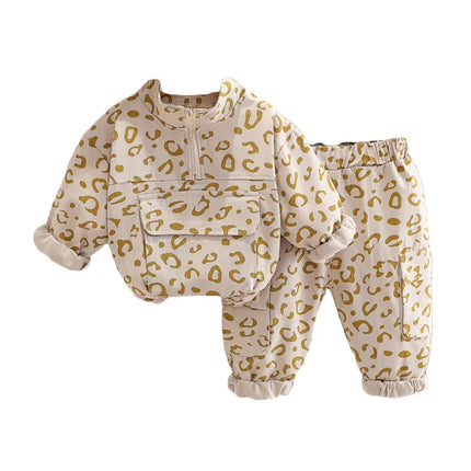 Kinder Set | Leopardprint Twee-Delig Outfit | Top Met Halve Rits En Broek | Polyester | Comfortabel En Ademend | Voorjaar En Herfst | Uniek Design Voor Kinderen | Geschikt Voor Bewegingsvrijheid