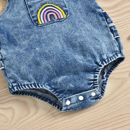 Mini Fashion | Denim Romper | Comfortabele Jumpsuit Babykleding | Meisjes & Jongens | 3 Maanden - 3 Jaar | Blauw | Met Bijpassende Strik | Gemakkelijk Aan & Uit | Geschikt Voor Ieder Seizoen
