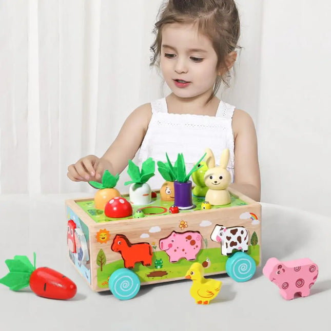 Houten Kinderpuzzel | Educatief Spel | Dieren & Groenten Sorteren | Trekfiguur Met Blokken | Veilig Hout