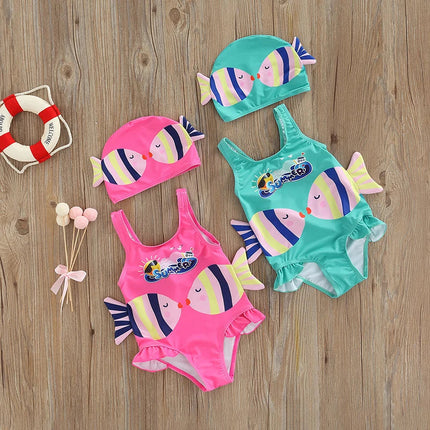 Meisjes Zwempak | Kleurrijk Vissenprint | Ademend Polyester | Inclusief Badmuts | Comfort & Stijl