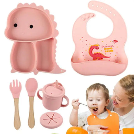 Silikonendinoset | 7-delig kinderservies | Antislip en morsbestendig | Inclusief slabbetje & drinkbeker