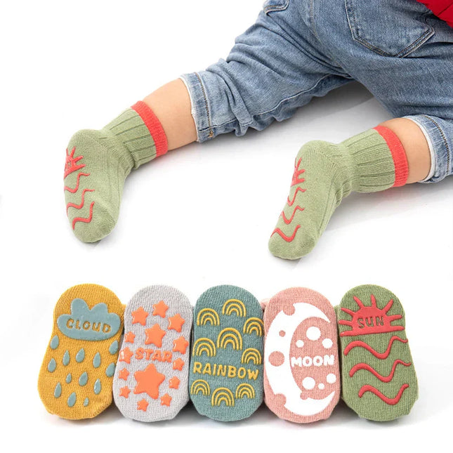 Anti-Slip Sokken Kinderen | Veilige Baby Peuter Sokjes | Set van 5 Par | Skidproof Ondergrond | 0-5 Jaar