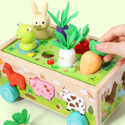 Houten Kinderpuzzel | Educatief Spel | Dieren & Groenten Sorteren | Trekfiguur Met Blokken | Veilig Hout