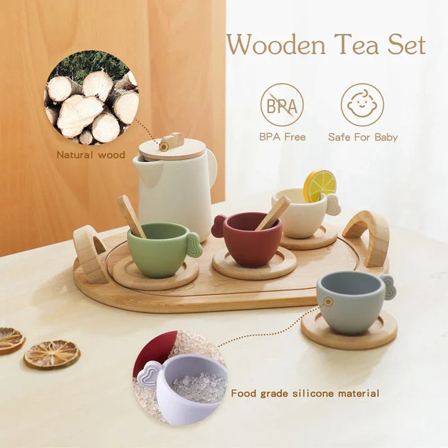 Houten Theeset Kinderen | Rollenspel Speelgoed | Træ & Silikone | Creatieve Ontwikkeling | 10/11 Delig