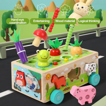 Houten Kinderpuzzel | Educatief Spel | Dieren & Groenten Sorteren | Trekfiguur Met Blokken | Veilig Hout