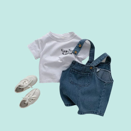 Jongens Denim Outfit Set | Baby Peuter Kleding | Ademend Katoen | Vrije Beweging | Duurzaam & Stijlvol | 2-delig Set met Overal en Shirt | Geschikt voor dagelijks gebruik en speciale gelegenheden