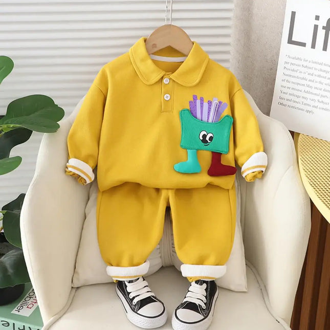 Babyoutfit | Unisex Twee-Delig Set | Zacht Katoen | Fries Print | Sweatshirt & Broek | 4m-5jr