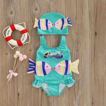 Meisjes Zwempak | Kleurrijk Vissenprint | Ademend Polyester | Inclusief Badmuts | Comfort & Stijl