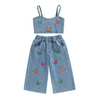 Denim Zomerset Meisjeskleding | Top & Broek | 100% Katoen Broderie | Kindermodel | Comfortabele Snit | Ademend voor Zomer | Eenvoudig Sportief | Maat 1-6 Jaar | Geschikt Voor Feestelijke Gelegenheden