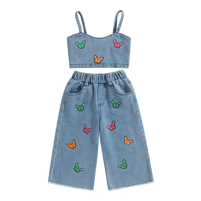 Denim Zomerset Meisjeskleding | Top & Broek | 100% Katoen Broderie | Kindermodel | Comfortabele Snit | Ademend voor Zomer | Eenvoudig Sportief | Maat 1-6 Jaar | Geschikt Voor Feestelijke Gelegenheden