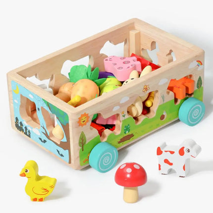 Houten Kinderpuzzel | Educatief Spel | Dieren & Groenten Sorteren | Trekfiguur Met Blokken | Veilig Hout