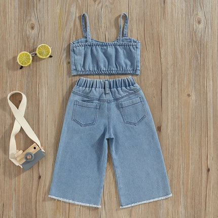 Denim Zomerset Meisjeskleding | Top & Broek | 100% Katoen Broderie | Kindermodel | Comfortabele Snit | Ademend voor Zomer | Eenvoudig Sportief | Maat 1-6 Jaar | Geschikt Voor Feestelijke Gelegenheden