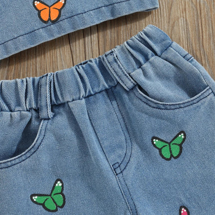 Denim Zomerset Meisjeskleding | Top & Broek | 100% Katoen Broderie | Kindermodel | Comfortabele Snit | Ademend voor Zomer | Eenvoudig Sportief | Maat 1-6 Jaar | Geschikt Voor Feestelijke Gelegenheden