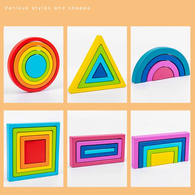 Houten Montessori Stapelspeelgoed | Regenboog Blokken | Creatief Educatief Speelgoed | Massief Hout | Gladde Randen | Kindvriendelijk | Grote en Kleine Sets | Stimuleert Creativiteit en Motoriek |