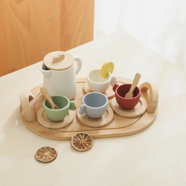 Houten Theeset Kinderen | Rollenspel Speelgoed | Træ & Silikone | Creatieve Ontwikkeling | 10/11 Delig