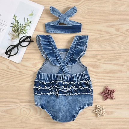 Mini Fashion | Denim Romper | Comfortabele Jumpsuit Babykleding | Meisjes & Jongens | 3 Maanden - 3 Jaar | Blauw | Met Bijpassende Strik | Gemakkelijk Aan & Uit | Geschikt Voor Ieder Seizoen
