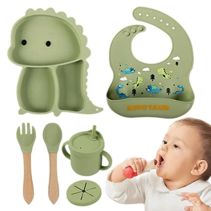 Silikonendinoset | 7-delig kinderservies | Antislip en morsbestendig | Inclusief slabbetje & drinkbeker