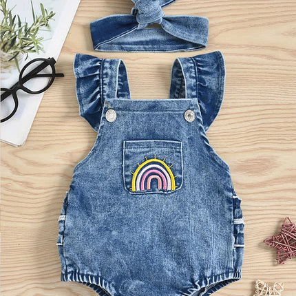 Mini Fashion | Denim Romper | Comfortabele Jumpsuit Babykleding | Meisjes & Jongens | 3 Maanden - 3 Jaar | Blauw | Met Bijpassende Strik | Gemakkelijk Aan & Uit | Geschikt Voor Ieder Seizoen