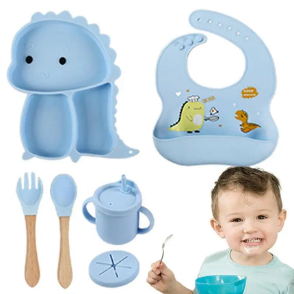 Silikonendinoset | 7-delig kinderservies | Antislip en morsbestendig | Inclusief slabbetje & drinkbeker
