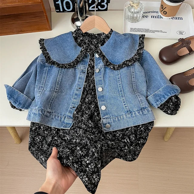 Bloemenjurk en Jeansjasje Babyset | Zacht Katoen | Verstelbaar | Ademende Stof | Voorjaar/Zomer Kinderkleding