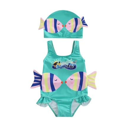 Meisjes Zwempak | Kleurrijk Vissenprint | Ademend Polyester | Inclusief Badmuts | Comfort & Stijl