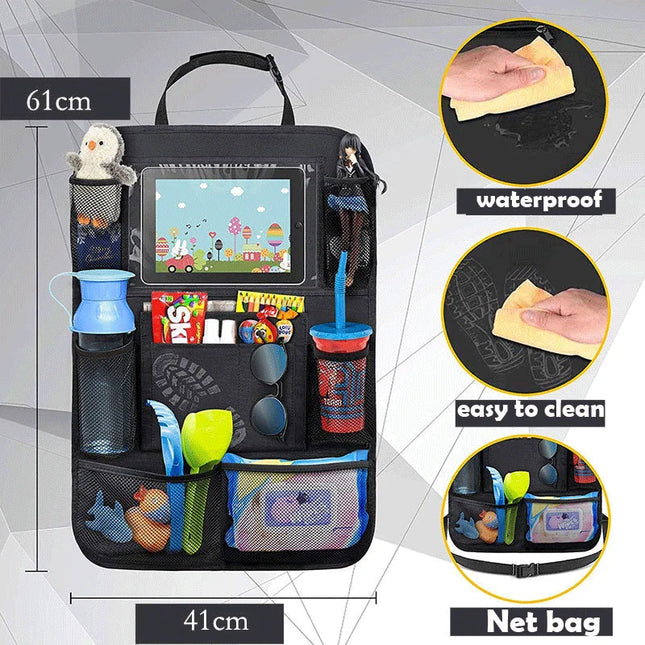 Auto Organizer voor Bumper Bescherming | Rugleuning Organizer Kinderen | Opbergtassen | Snelle Installatie | Duurzaam Materiaal | Universele Pasvorm | Praktische Tablet en Flessenhouder voor Auto's