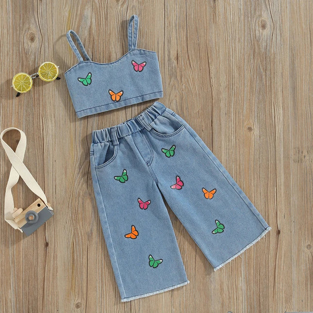 Denim Zomerset Meisjeskleding | Top & Broek | 100% Katoen Broderie | Kindermodel | Comfortabele Snit | Ademend voor Zomer | Eenvoudig Sportief | Maat 1-6 Jaar | Geschikt Voor Feestelijke Gelegenheden